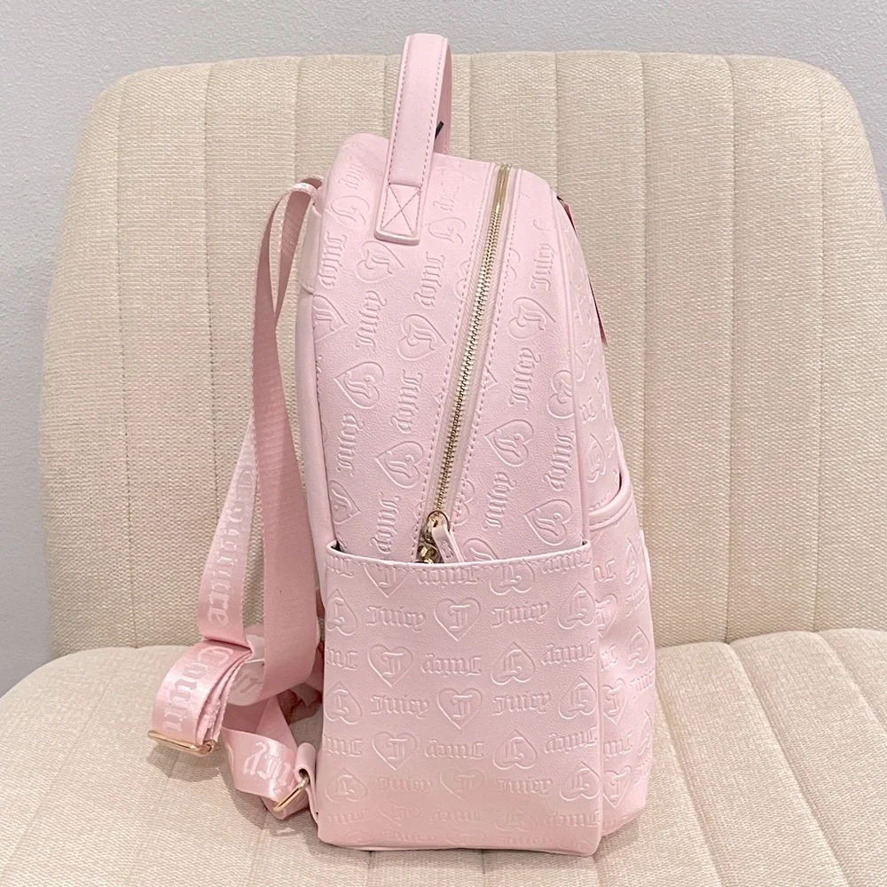 NEW Juicy‎ Couture Pink Embossed Heart Backpack Rhinestone Charm Y2K Logo